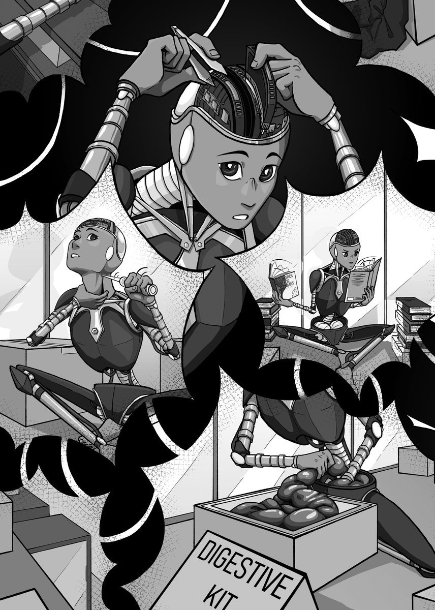 jakereevesart's tweet image. In Binary Coded, Ray tells the story of a robot who wakes up from a deep sleep in a storage facility and does their best to blend in with humans. (v relatable) This amazing story and 17 others are available exclusively in Dream.exe!! And holy shit? Look at these pages - BEAUTIFUL