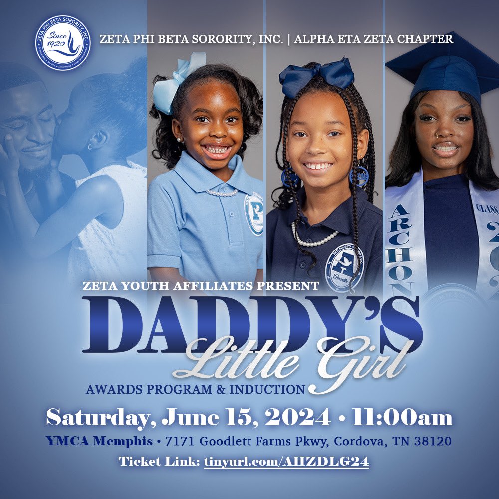 Join us on June 15th at 11am for the 2024 Alpha Eta Zeta - Zeta Youth Affiliates Daddy's Little Girl program! Tickets are $10 and are available at tinyurl.com/AHZDLG24