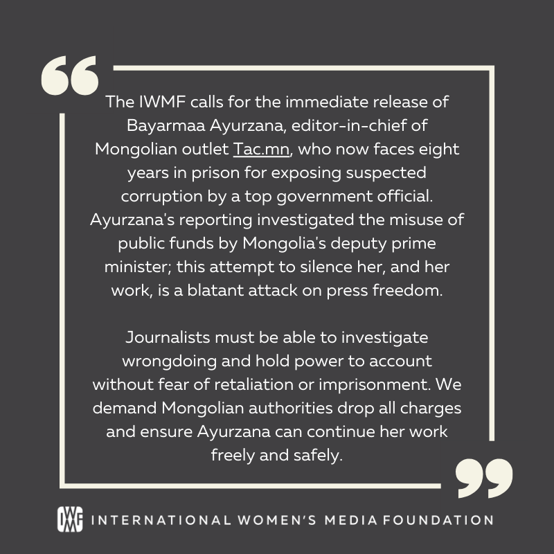 International Women's Media Foundation (@iwmf) on Twitter photo Journalists must be able to investigate wrongdoing & hold power accountable without fear of retaliation & imprisonment. We demand Mongolian officials drop charges against Bayarmaa Ayurzana & ensure she can work freely & safely. #FreeBayarmaa #FreePress Journalists must be able to investigate wrongdoing & hold power accountable without fear of retaliation & imprisonment. We demand Mongolian officials drop charges against Bayarmaa Ayurzana & ensure she can work freely & safely. #FreeBayarmaa #FreePress