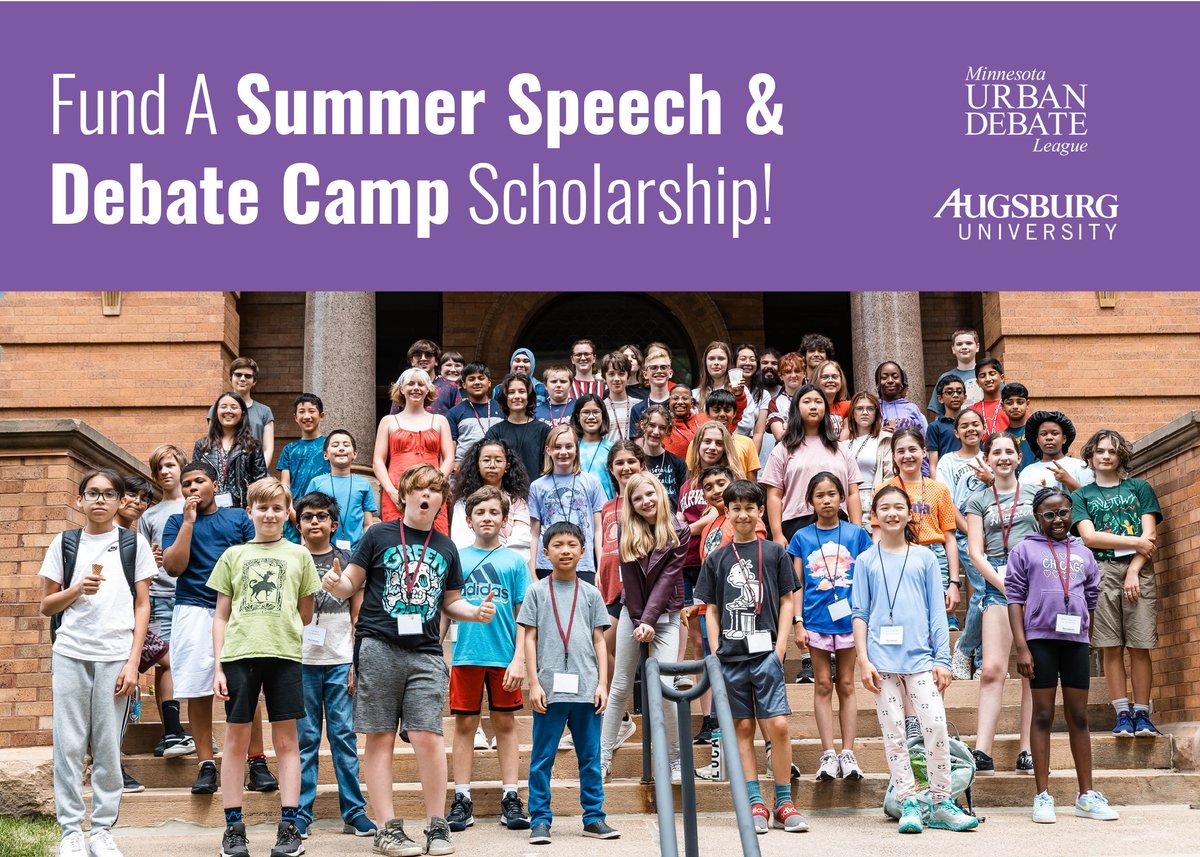 URGENT! Summer camp starts next week, and there's been a last-minute surge of scholarship applications. 

Can you help us ensure every kid who wants to learn speech &amp; debate skills this summer has their chance?
Please make a gift or share our campaign: mnudl.augsburg.edu/donate/