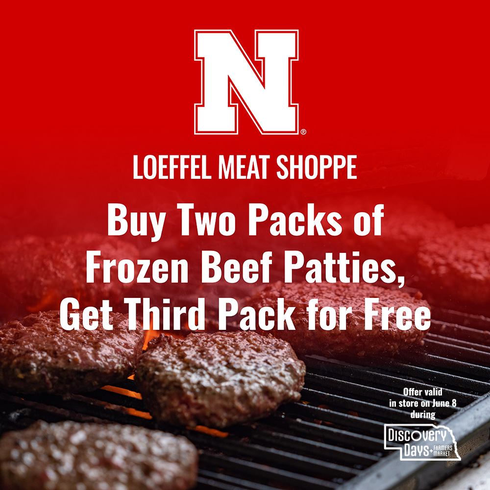 UNL_LoeffelMeat's tweet photo. East Campus Discovery Days returns on June 8 and we'll be open from 10am-2pm! 

In addition to our current 20% off sale, shoppers on Saturday that buy two packs of frozen beef patties, will get a third pack free (while supplies last)!

20% off ~AND~ B2GO is hard to beat! https://t.co/ByyGDklNJB