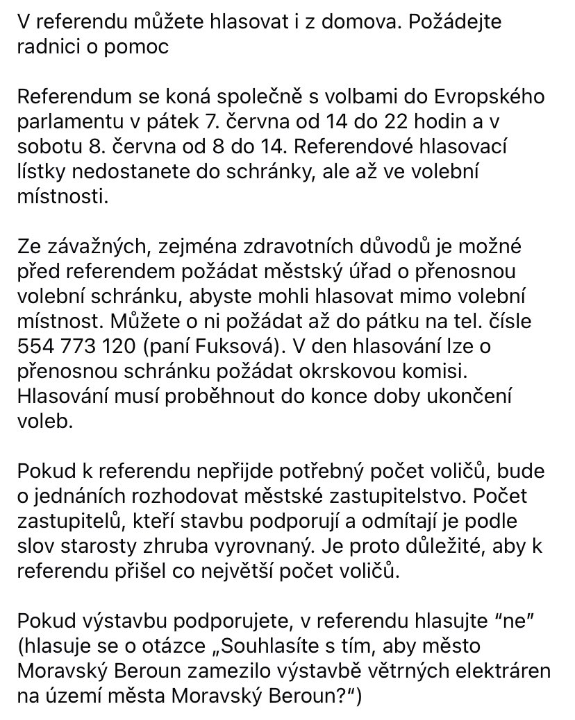 Přijďte k referendu a hlasujte o <a href="/VetrnikyBeroun/">Větrný park Moravský Beroun</a> . Je to důležité. Využít můžete i přenosnou volebni schránku!