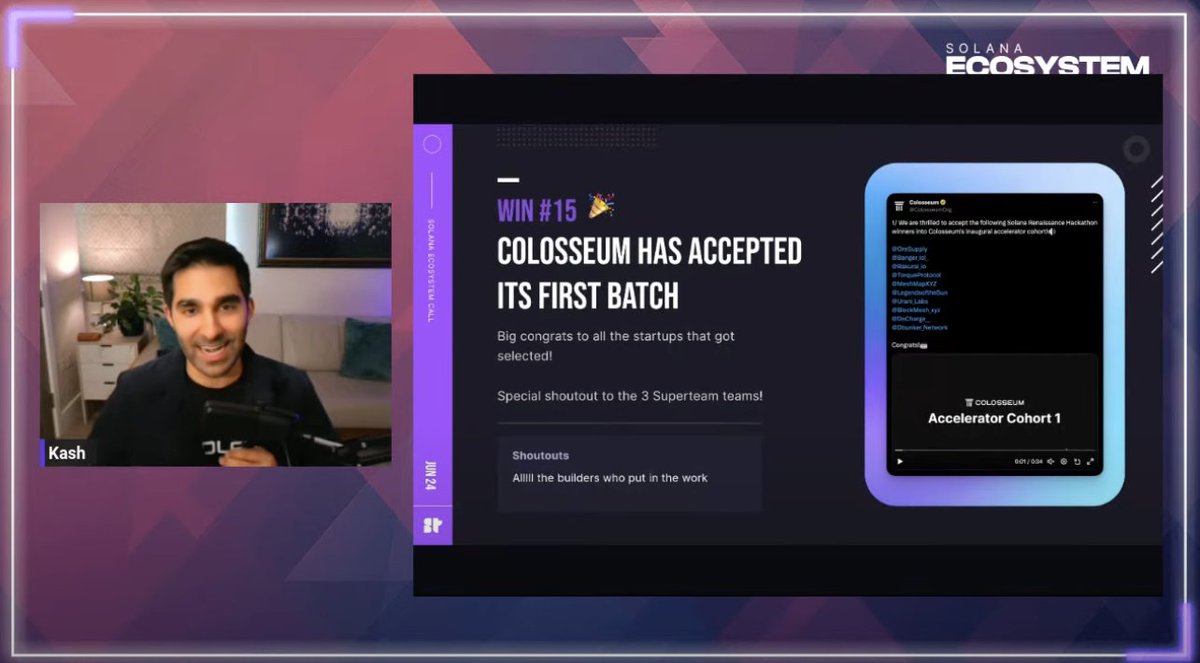 colosseum's tweet photo. Thanks for the shoutout @kashdhanda &amp; @SuperteamDAO during this month's @Solana Ecosystem Call!

Accelerator teams are in the arena grinding.🏟️
@ore
@Banger_lol_
@Rakurai_io
@TorqueProtocol
@MeshMapXYZ
@LegendsoftheSun
@Urani_Labs
@BlockMesh_xyz
@decharge
@Dbunker_Network https://t.co/fTPXmUrew4