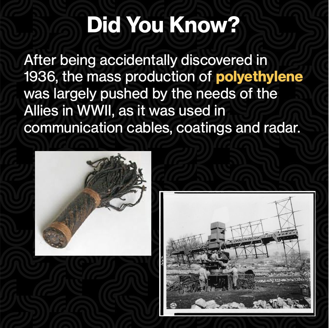 Did you know?
After being accidentally discovered in 1936, the mass production of polyethylene was largely pushed by the needs of the Allies in WWII, as it was used in communication cables, coatings and radar.

Photo credits:
atlantic-cable.com/Article/1944Ca…
loc.gov/item/90709499/
