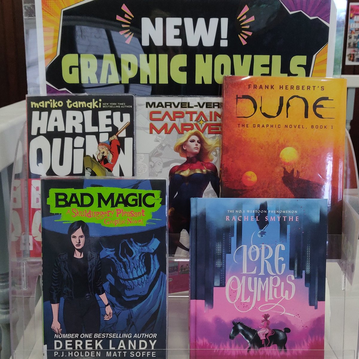 NWC_Library's tweet photo. New graphic novels in the senior library this half term, from classics such as Dune and Captain Marvel to the award winning New Kid and Lore Olympus series 💗 @NorthwoodGDST

#Comics #GraphicNovels #NWCLibraries #NWClibrary https://t.co/Njeuz4eGOy