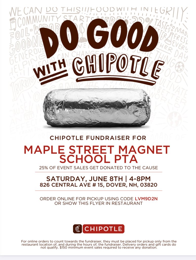 maplemagnet's tweet image. Chipotle Fundraiser for MSMS is this Saturday, 6/8, from 4pm - 8pm! Visit Chipotle in Dover on Central Ave and 25% of event sales will be donated!