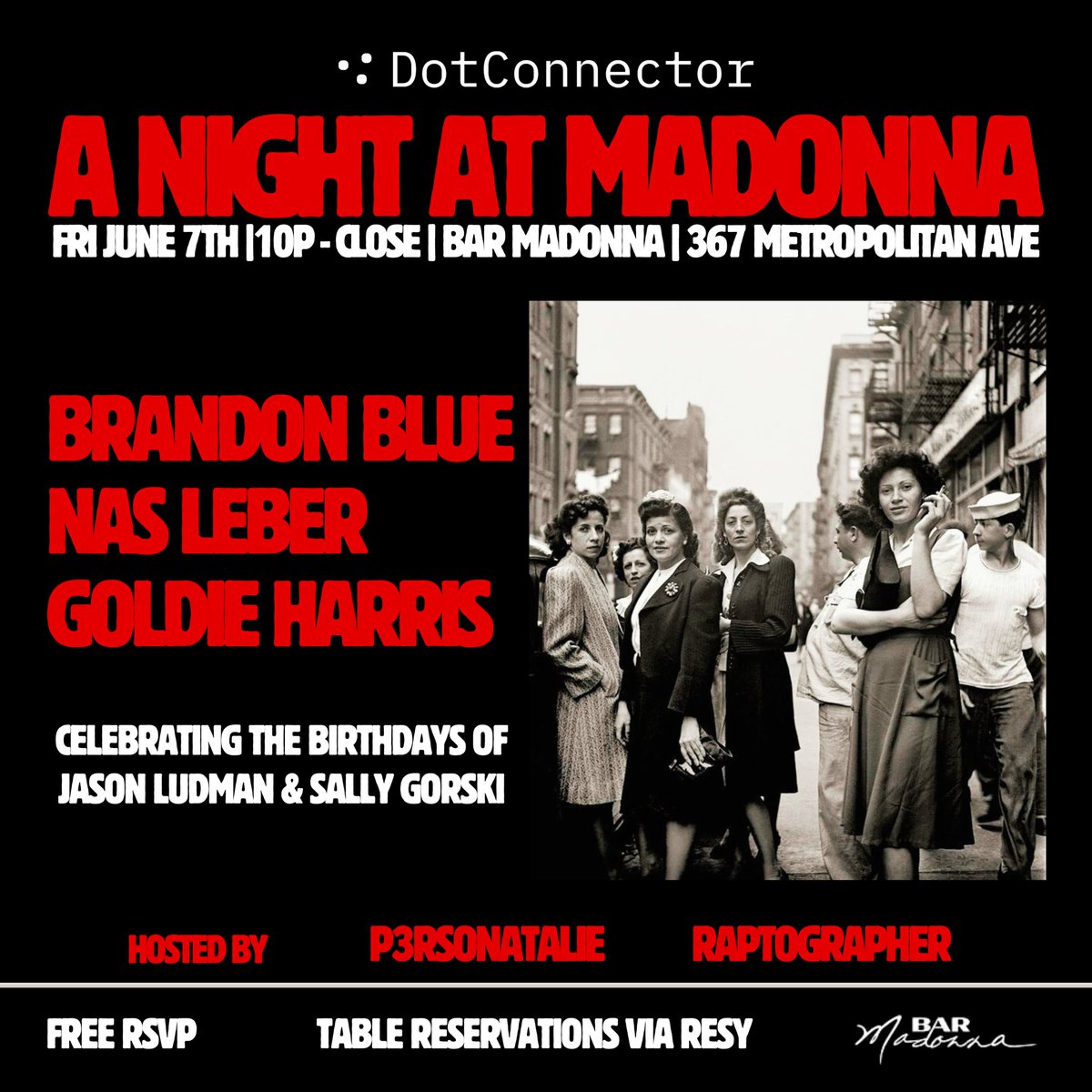 Join us Friday, June 7th at the newly opened BAR MADONNA in Williamsburg, Brooklyn

Sounds by
<a href="/BrndnBlue/">Brandon Blue</a> 
<a href="/NasLeber/">DINO646</a> 
<a href="/byGoldieHarris/">goldie harris ⚡️</a> 

Hosted by
<a href="/p3rsonatalie/">Natalie 윤 Szczechowski</a> 
<a href="/raptographer/">Christopher Ayala</a> 

Celebrating the birthdays of Jason Ludman &amp; Sally Gorski  🎂🥂

RSVP &amp; more info ⬇️

🧵 (1/5)