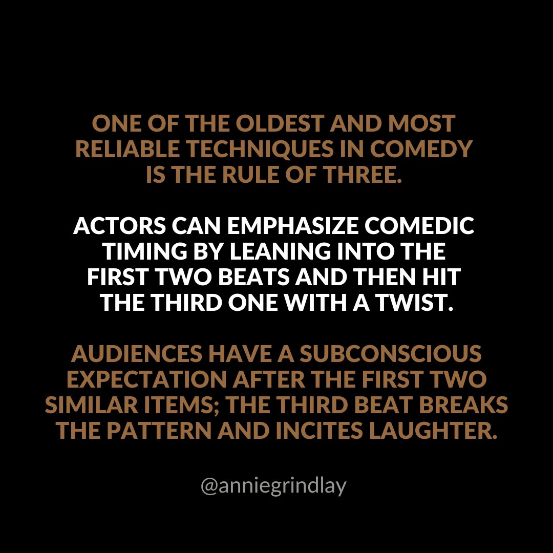 AnnieGrindlay's tweet image. The rule of three is one of the oldest and most reliable comedy techniques. 

#auditionprep #auditioning #actingaudition #actingtips #actingclass  #comedyacting