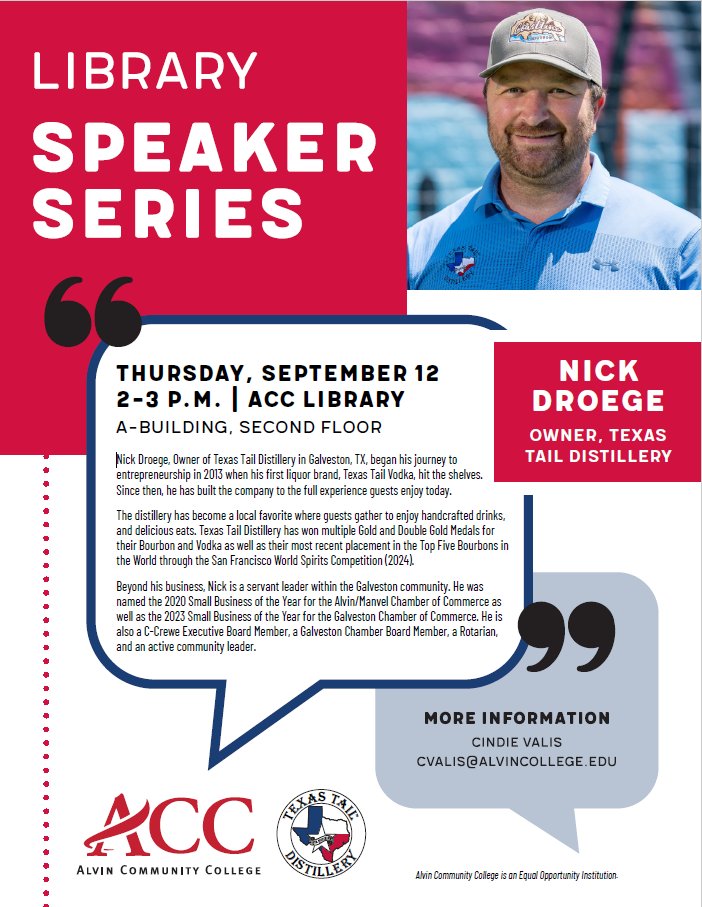 AlvinCollegeLC's tweet photo. Meet Nick Droege at the ACC Library on Thursday, September 12th at 2pm. This is part of the ACC Library Speaker Series. Stay tuned for more! #LCACCess #YourCollegeRightNow #ACCLibrary #FinsUp #ACC #AlvinCollege https://t.co/J3VPhZ7ETb