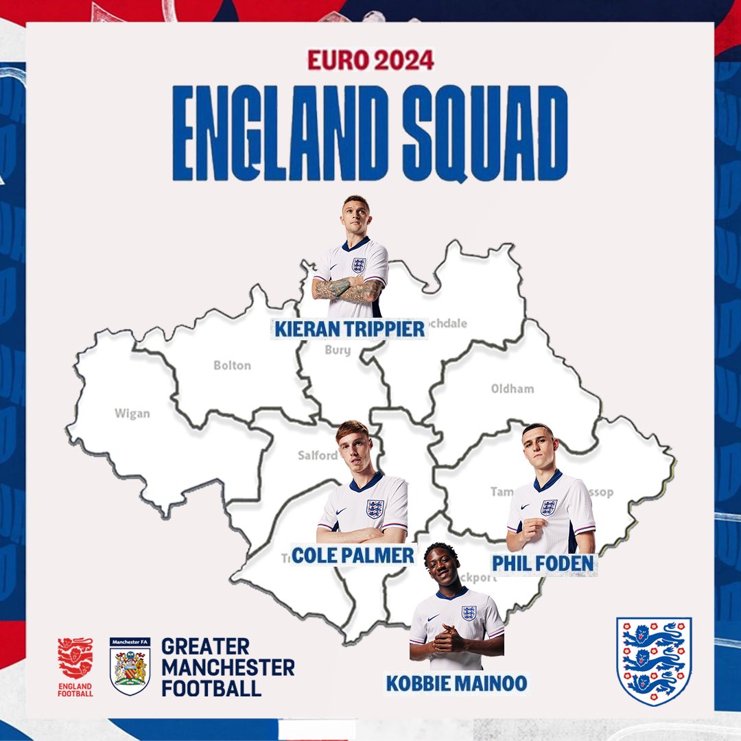 Manchester_FA's tweet photo. Congratulations to @trippier2, @PhilFoden, Kobbie Mainoo and Cole Palmer on their call-ups to the @England Euro 2024 Squad 👏
#MadeinMCR | #grassrootsfootball https://t.co/XTjYEYqxH6