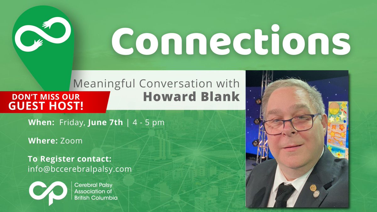 CerebralPalsyBC's tweet photo. Join us for Connections this Friday, June 7th – 4-5pm, hosted by CPABC’s Provincial Ambassador @HowardBlankLive . Howard’s sessions are always light-hearted fun!
.
See you then!
.
.
.
#CPABC #LifeWithoutLimits #Cerebralpalsy #Connections #HowardBlank https://t.co/Ux9JqqyW0z