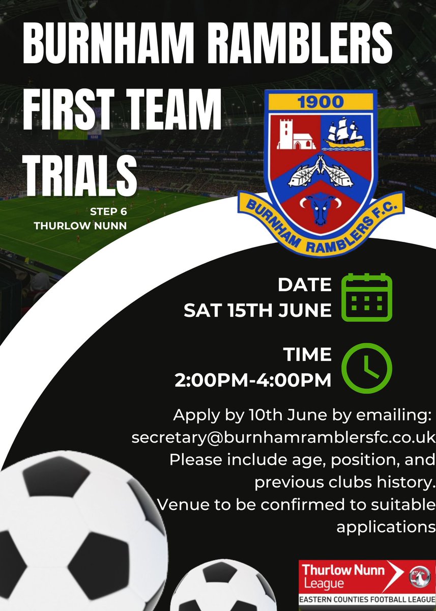 hayesy9's tweet photo. After doing trials last season &amp; having a successful season with Dunmow FC we at @BurnhamRamFC are doing trials again to have a look at new players for this upcoming &amp; coming season.
If anyone is interested please send a email to the one on the poster. 

#uptheramblers #newseason https://t.co/xJGyeN4vk2
