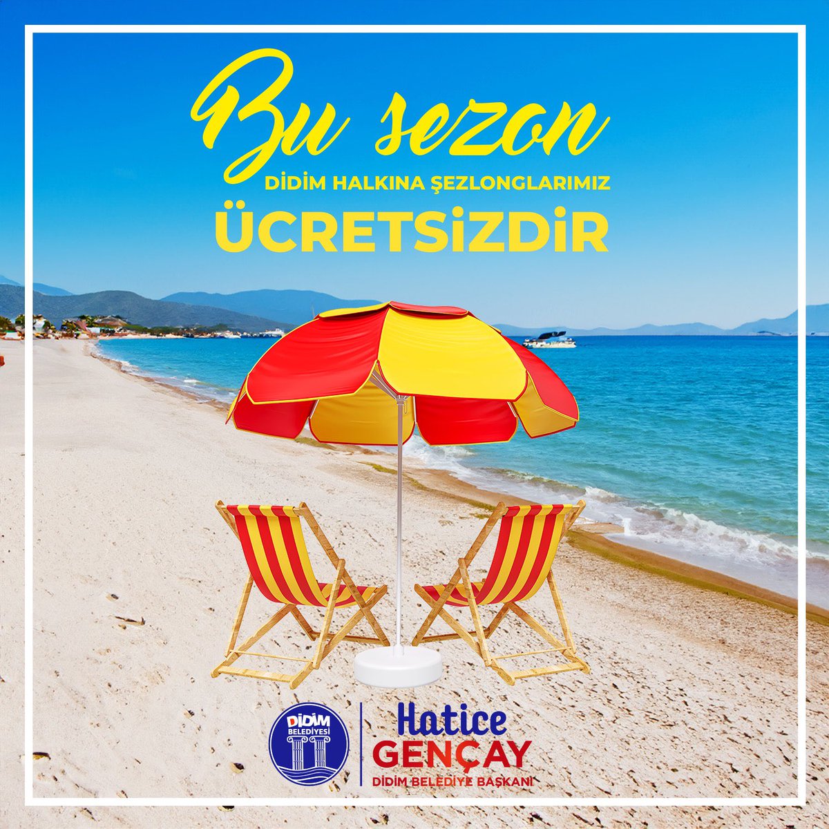 #Didim’de halk plajlarımızda yaz sezonu boyunca şezlong ve şemsiyeler ücretsiz! 🏖️☀️

Belediye Başkanımız Hatice Gençay’ın aldığı kararla hem hemşehrilerimiz hem de misafirlerimiz plajlarımızın keyfini doyasıya çıkaracak, hayırlı olsun! 💙