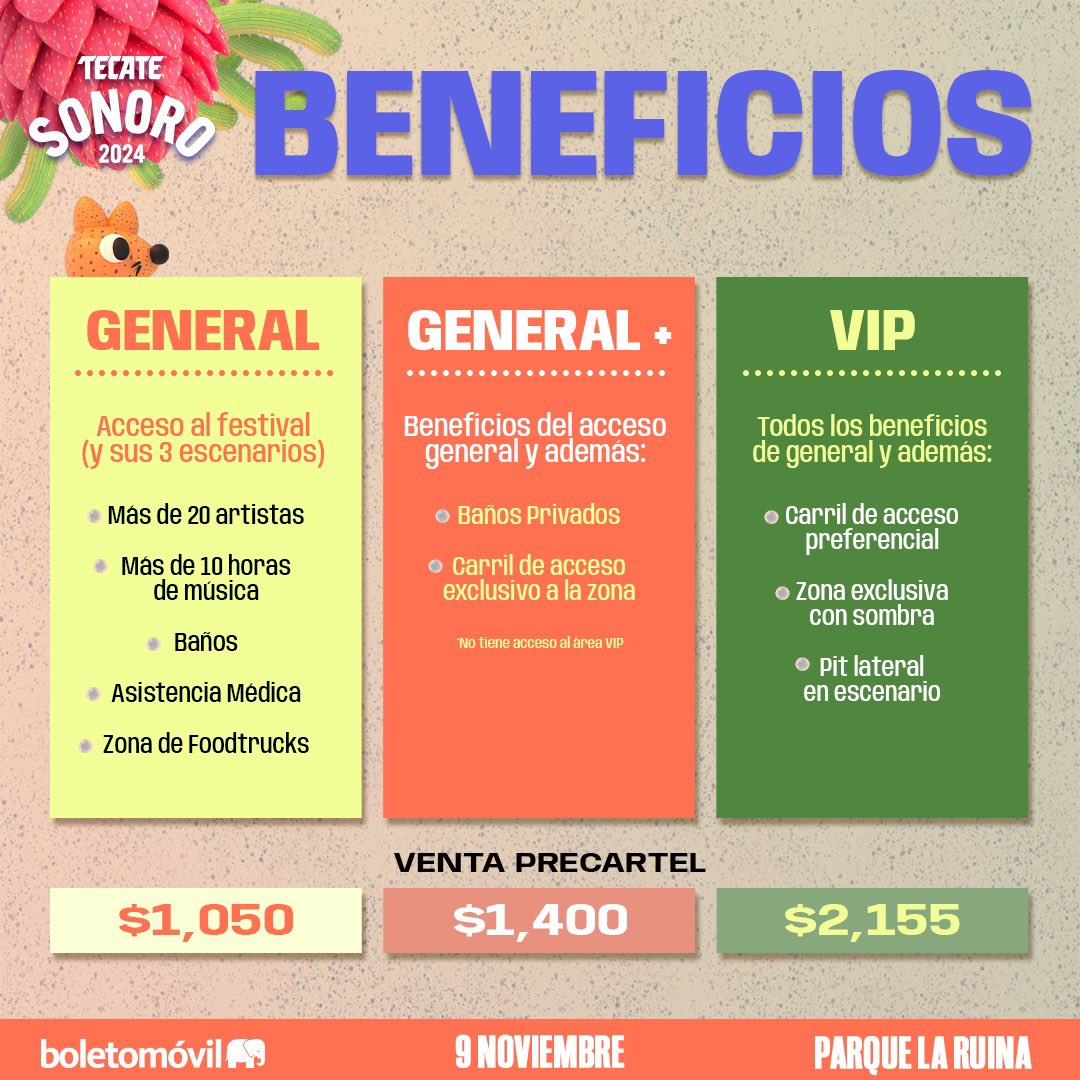 Prepárate para la VENTA PRECARTEL de #TecateSonoro y conoce los beneficios de tus boletos🕺🏻

🌵 Viernes 7 de Junio a través de BoletoMóvil