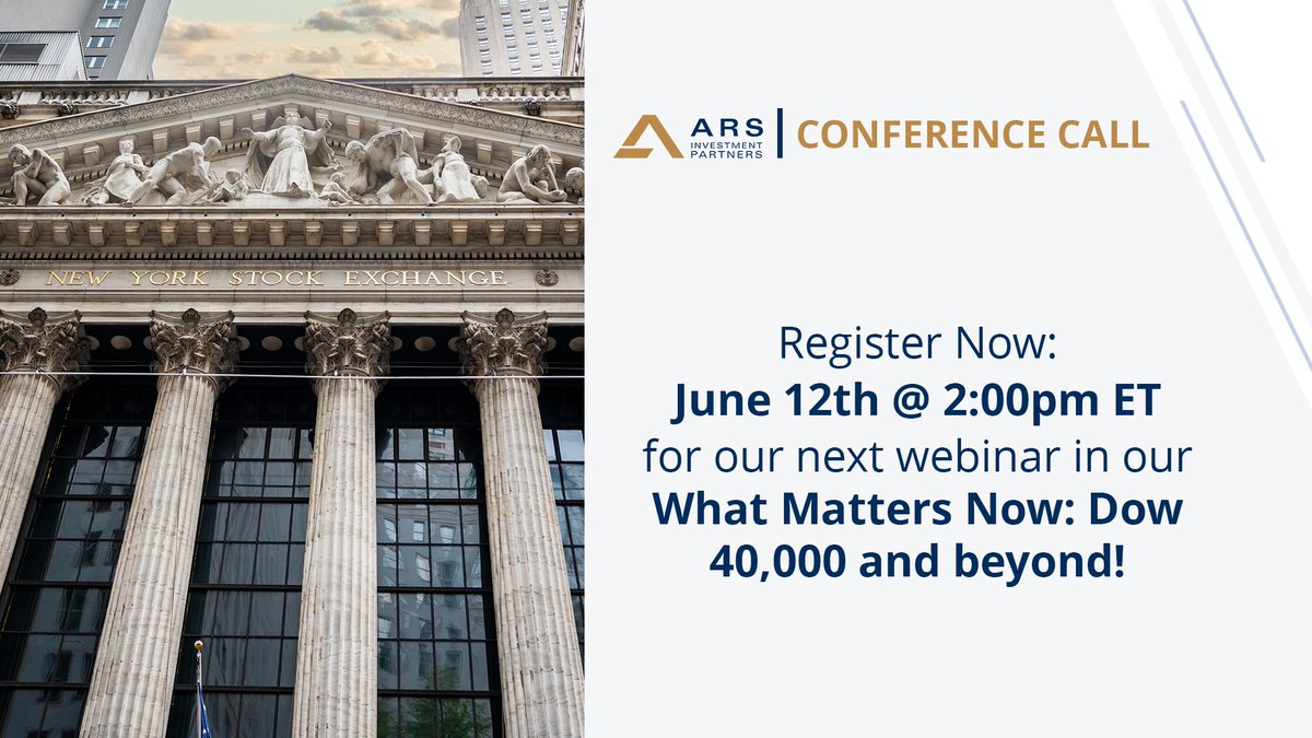 ARSInvestments's tweet photo. Join us on June 12th @ 2:00pm ET for our next webinar "What Matters Now: Dow 40,000 and beyond!" Dr. Ed Yardeni has frequently been correct in his economic outlook predictions over the past several years and has a positive outlook for the coming months.

https://t.co/qieHCy2ILI https://t.co/GvA52obHh6