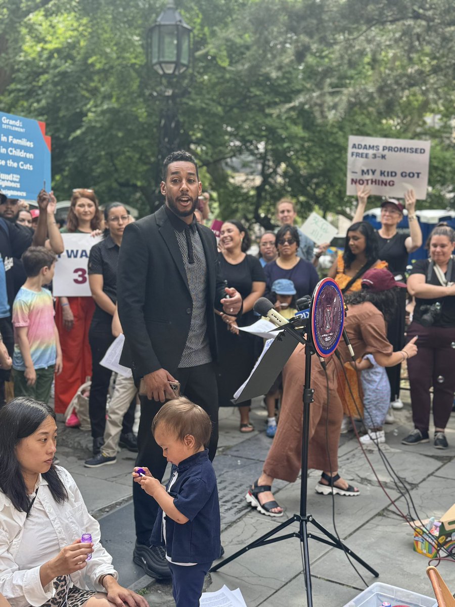 NY4ChildCare's tweet photo. Parents and kids  rallied today with our local elected leaders and allies. Thank you all for coming out and helping us deliver 6k petition signatures! 

@NYCMayor, you can't ignore all these families.  Stop the cuts! Expand 3k and Prek! https://t.co/mRIyfzjA0c