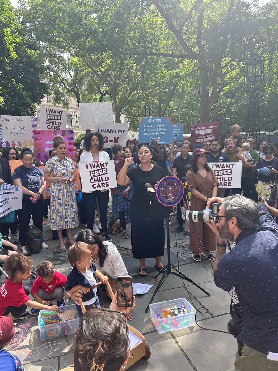 NY4ChildCare's tweet photo. Parents and kids  rallied today with our local elected leaders and allies. Thank you all for coming out and helping us deliver 6k petition signatures! 

@NYCMayor, you can't ignore all these families.  Stop the cuts! Expand 3k and Prek! https://t.co/mRIyfzjA0c