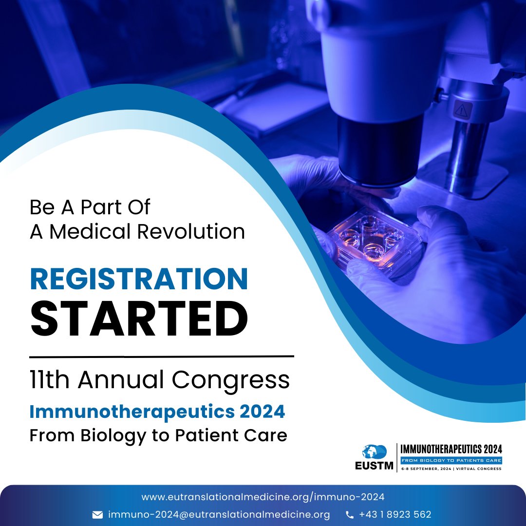 OfficialEUSTM's tweet photo. 🌐 Explore groundbreaking advancements in immunotherapy for cancer, autoimmune disorders, infectious diseases, and more. Network with top researchers, clinicians, and industry leaders. Don't miss this virtual event! 💻🧬

🌟 Join us at the 11th Annual Congress of the European Society for Translational Medicine on Immunotherapeutics (EUSTM-2024) from September 6-8, 2024! Click the link below to get registered: https://t.co/QUdOpJC7Ve

#EUSTM2024 #immunotherapy #medicalresearch #virtualconference #doctorswithoutborders #medicaleducation