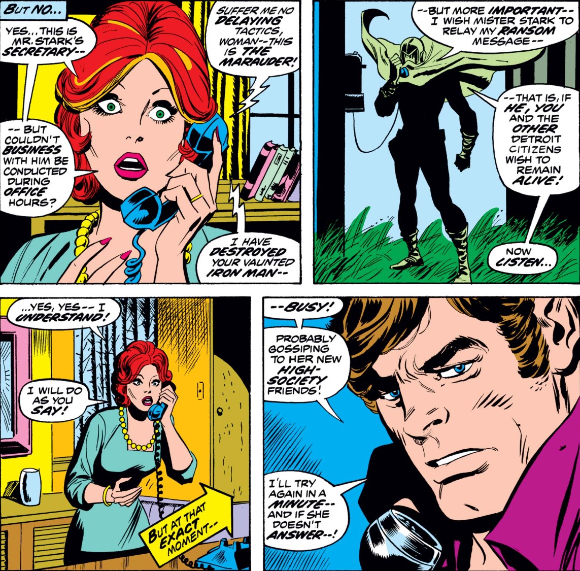 MarvelADay's tweet photo. #MarvelADay #IM61
Over in Subplot Theatre (© SilerVarez LTD), Happy calls Pepper to hash it out.  She's actually waiting for his call, but first Marauder gets through with his nuclear ransom demands. As Pepper runs off to deal with the emergency, Happy only gets a busy signal!
JH https://t.co/UnXPILvSxV