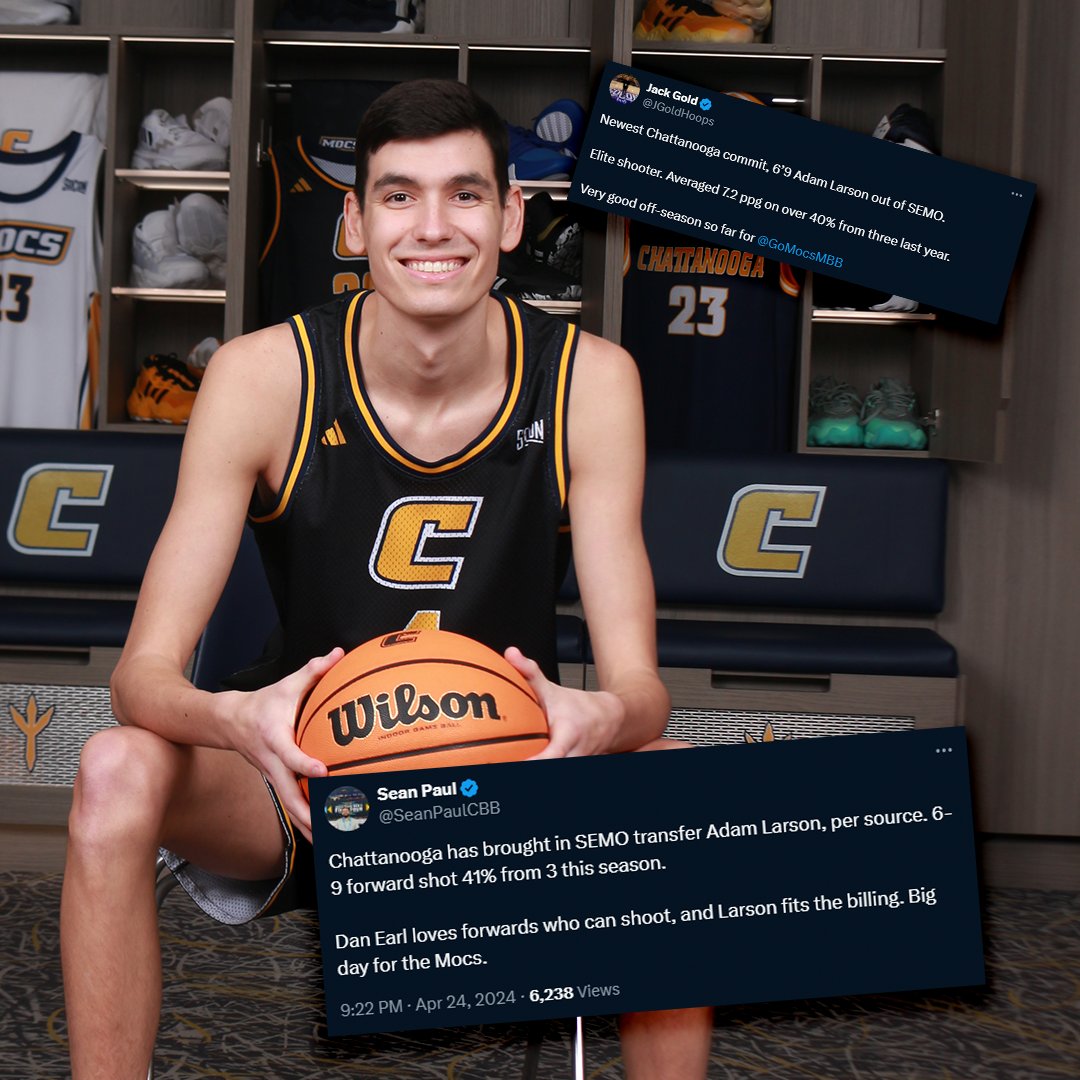 Chattanooga Basketball (@gomocsmbb) on Twitter photo ✅ Adam Larson (SEMO)
‣ Junior - Forward - 6'9, 180
‣ Averaged 7.2 PPG & 2.3 RPG in '23-24; shot 42.8% from the field; team-best 40.5% from 3PT
‣ 397 points, 130 rebounds & 90 3FGM (39.3%) in 65 career games
<a href="/Adam_4_larson/">Adam Larson4️⃣</a> ✅ Adam Larson (SEMO)
‣ Junior - Forward - 6'9, 180
‣ Averaged 7.2 PPG & 2.3 RPG in '23-24; shot 42.8% from the field; team-best 40.5% from 3PT
‣ 397 points, 130 rebounds & 90 3FGM (39.3%) in 65 career games
<a href="/Adam_4_larson/">Adam Larson4️⃣</a>