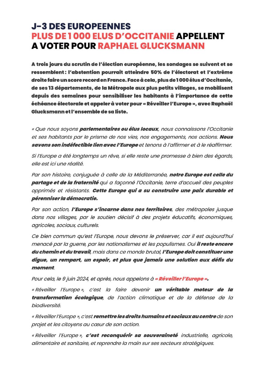 CaroleDelga's tweet photo. J-3.

Nous sommes + de 1000 élus d’@Occitanie, des 13 départements, des métropoles aux plus petits villages, à rappeler notre engagement au côté de @rglucks1 et à appeler à voter le #9juin pour #ReveillerlEurope 🇪🇺 https://t.co/DP8frDYmm8