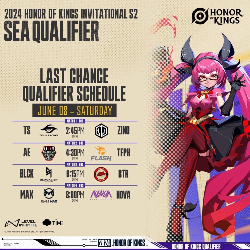 HoKEsports's tweet photo. Schedule of Last Chance Qualifier for HOK Invitational Season 2

📅 Day 1 (GMT+8)
2:45PM | TS vs ZINO
4:30PM | AE vs TFPH
6:15PM | BLCK vs BTR
8:00PM | MAX vs NOVA

📅 Day 2 (GMT+8)
3:40PM | Semi Final 1
5:25PM | Semi Final 2
7:25PM | Grand Final

HOK Invitational Season 2 SEA Last Chance qualifier will be happening from 8 June to 9 June and winner of each qualifier will qualify to the HOK Invitational Season 2.

#HOKInvitationalS2 #HOKS2 #2024HOK #HOKInvitational #HonorOfKings #HOKEsports #HOKBoleh