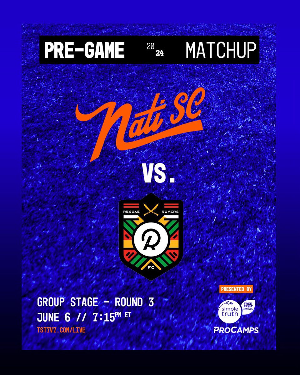 In the final round of the group stage, your Nati SC will face off against the Reggae Rovers at 7:15pm EST live on tst7v7.com/live 

Your support means everything to us!! Let’s get after it tonight💪💪

Presented by <a href="/ProCamps/">ProCamps</a> &amp; <a href="/SimpleTruth4U/">SimpleTruth</a>