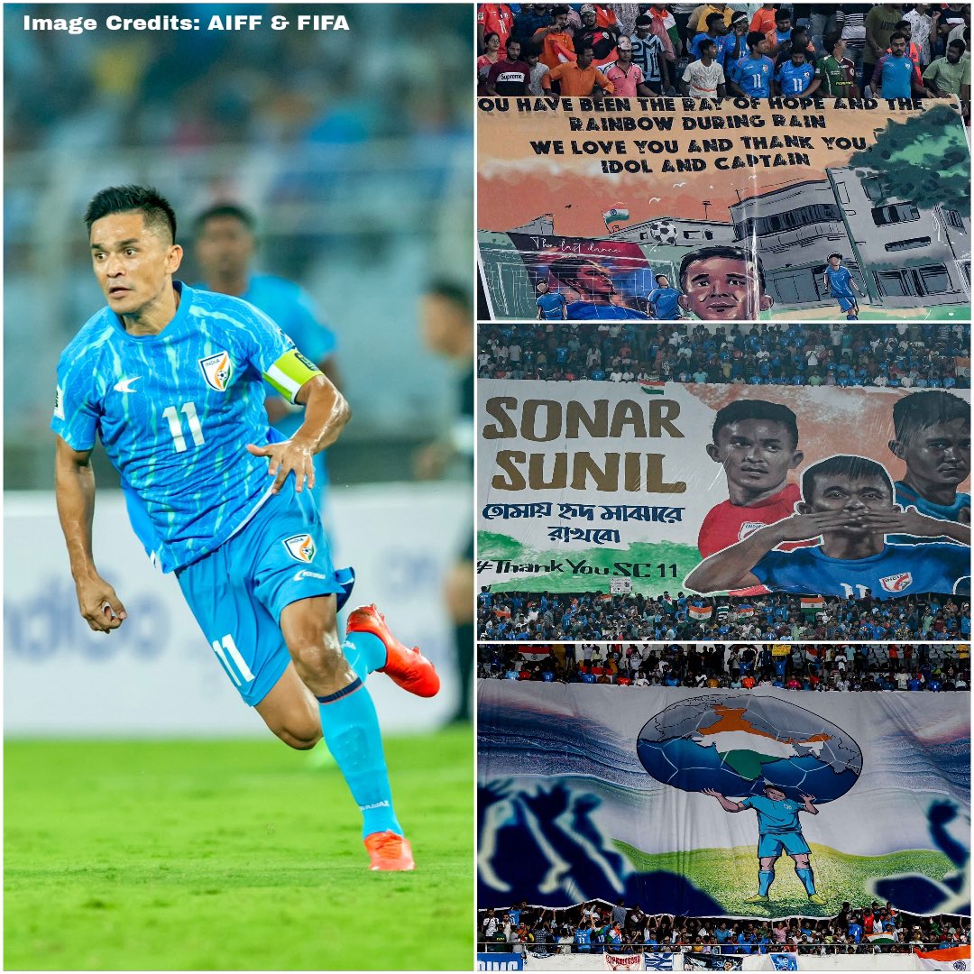 KKRiders's tweet photo. 19 years. 94 goals. 151 games. 
Thank you Sunil Chhetri, for inspiring a nation and leaving an unforgettable legacy on the pitch. 
It was an honour to host your final game in Kolkata. 
You'll always be our hero! 🇮🇳⚽️

Cheers to an incredible career @chetrisunil11 🙌

𝑪𝒂𝒑𝒕𝒂𝒊𝒏. 𝑳𝒆𝒂𝒅𝒆𝒓. 𝑳𝒆𝒈𝒆𝒏𝒅
