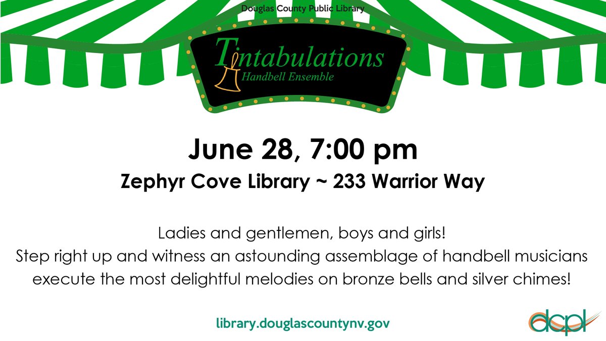 Join us at the Zephyr Cove Library Friday, June 28 at 7:00 p.m. for an astounding handbell performance by Reno's own Tintabulations Handbell Ensemble!

#tintabulations #handbells #zephyrcovelibrary