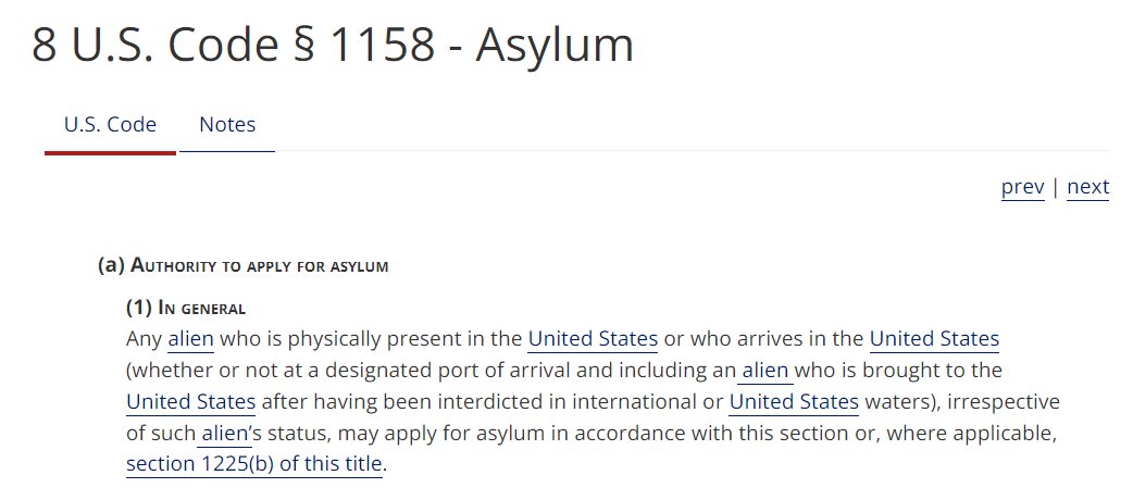 A lot of aangry people in the replies to this who insist that Prerna is wrong.

She is 100% unambiguously correct. The base asylum statute is not complicated; anyone physically present in the US can seek asylum "whether or not at a designated port of arrival."

That's the law.