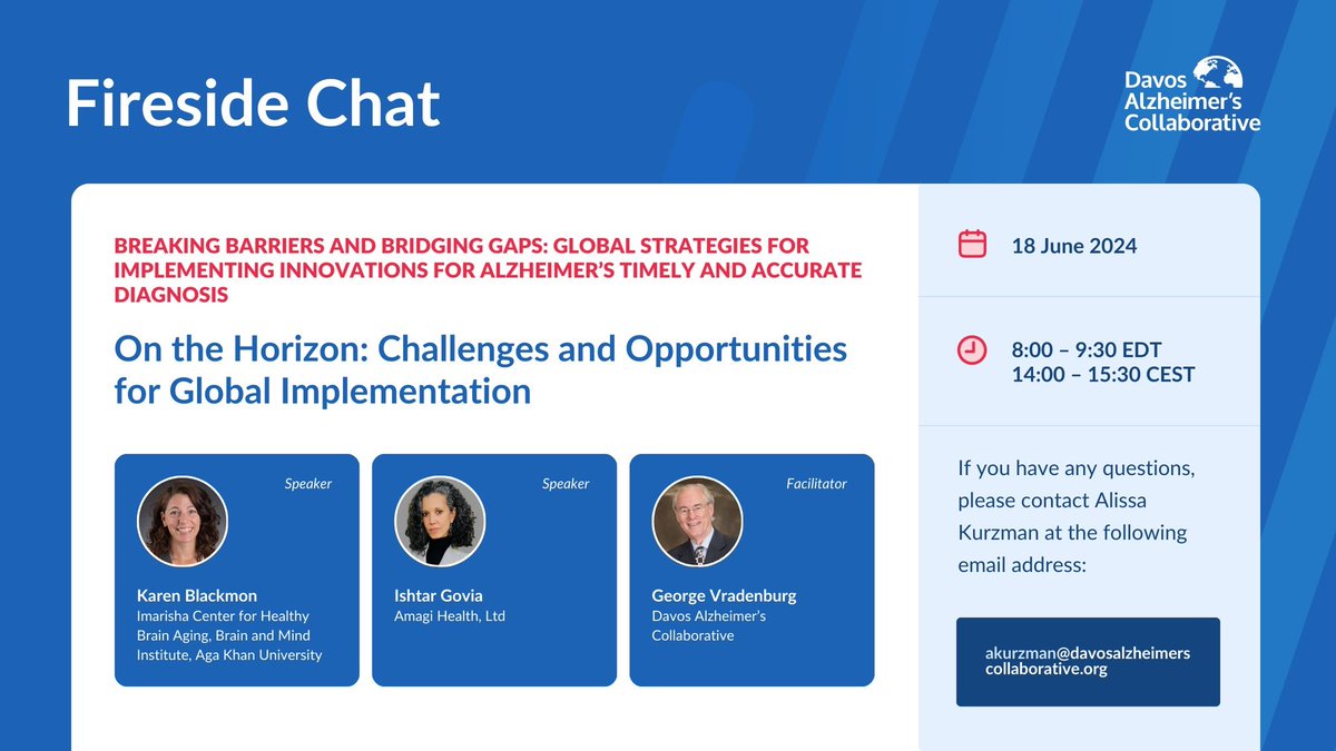 DavosAlzheimers's tweet photo. Our third and final discussion for our upcoming #LearningLaboratory meeting on June 18th will discuss challenges and opportunities for implementing innovations for #Alzheimers timely detection and accurate diagnosis globally. https://t.co/XahQLbqkJZ