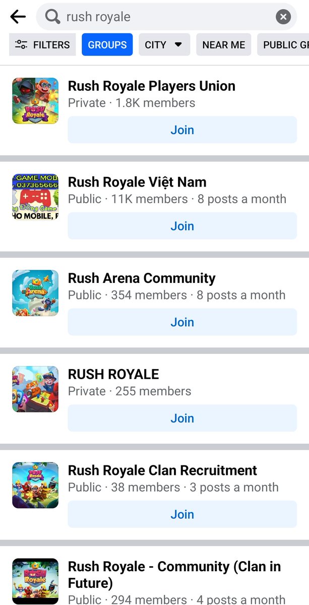 _Quirkie's tweet photo. @RushRoyaleTD These are the search results I get on Facebook, none of which look to be your official site https://t.co/Se8USVUd2O