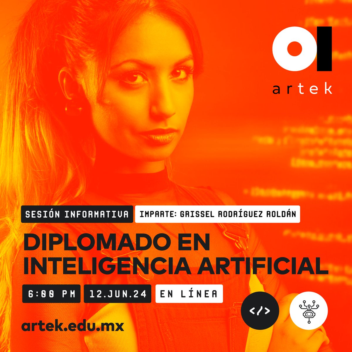 InstitutoArtek's tweet photo. Únete a la sesión informativa online del Diplomado de Inteligencia Artificial que se llevará a cabo el próximo 12 de junio a las 6:00 p.m. 

Reserva tu lugar aquí https://t.co/sDEIxJQPgb https://t.co/mlSl357U9C
