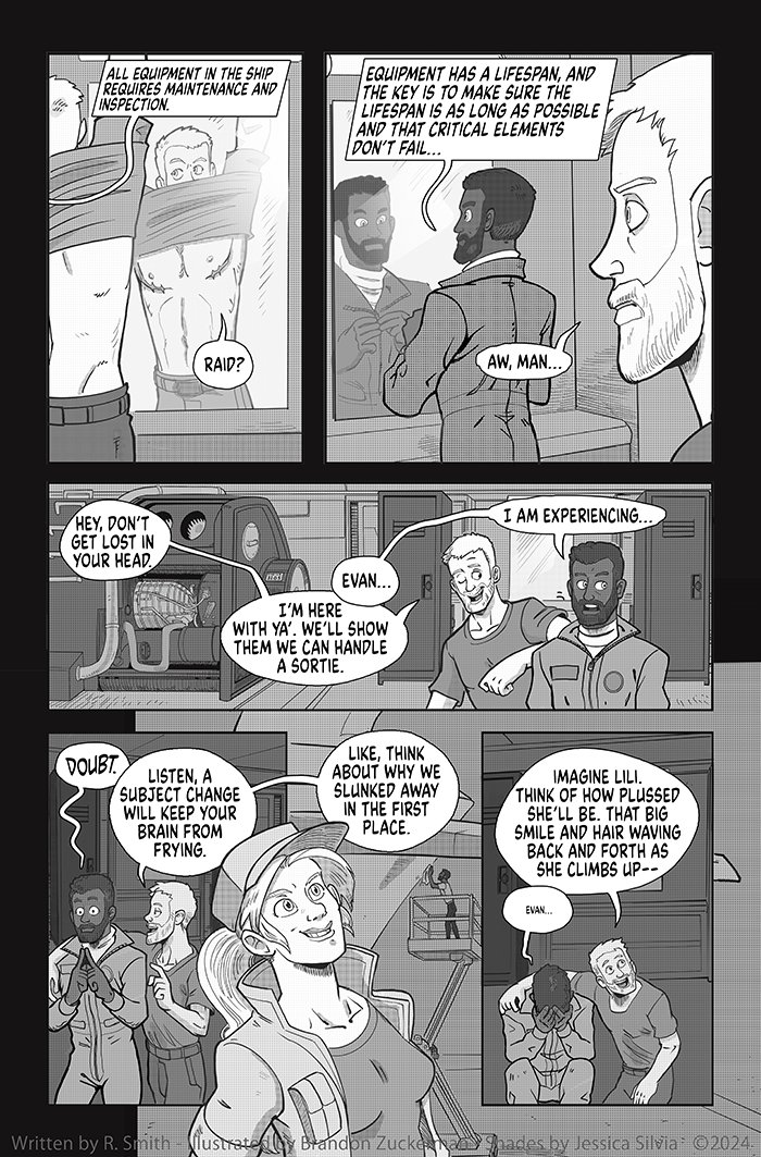 A new Banished Online page!
banishedonline.com/comic/5

brain probs 🧠

Written by <a href="/RyanComics/">ryancomics.bsky.social</a> 
Art by <a href="/ManOrCatman/">Brandon Zuckerman</a> 
Shading by <a href="/buboniccbabe/">.</a> 

Patreon: patreon.com/ryancomics