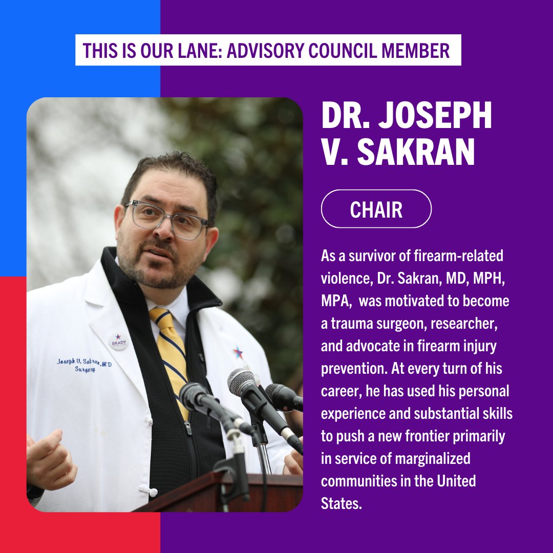 🚨ICYMI <a href="/BradyBuzz/">Brady | United Against Gun Violence</a> launched a national council of healthcare experts to advise on gun violence prevention solutions. The #ThisIsOurLane advisory council will be led by Brady Chief Medical Officer and gun violence survivor, Dr. <a href="/JosephSakran/">Joseph Sakran</a>.

Let’s meet the rest of the council🧵