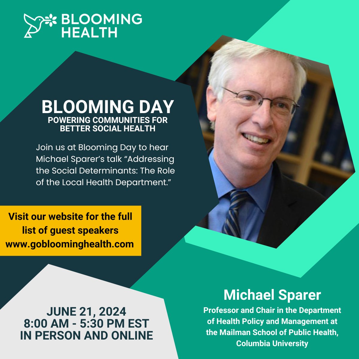 We're excited to announce that Michael Sparer, Professor &amp; Chair of Health Policy and Management at @columbiamsph, will be joining us at Blooming Day! 

Register now to attend in person or watch online: hubs.la/Q02zSPhX0

#HealthPolicy #ColumbiaUniversity #HealthCare