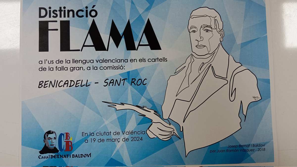 FallaBSR's tweet image. El passat dia 4 anarem a replegar la Distinció FLAMA, otorgada pel @CasalBiB, al correcte ús de la Llengua Valenciana en els cartells de la falla gran.
Un plaer rebre-la, @XavierHerrero 
#Falles2024 #FallaBSR #JuntsMolemMes #NdP #EnValencià #Flama