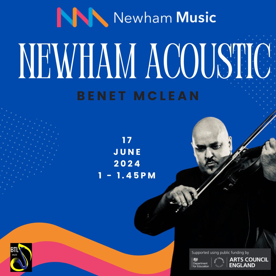 NewhamMusic's tweet photo. Excited to kick off our Newham Acoustic series on June 17th ! On Day 1, enjoy violinist/pianist Benet McLean &amp; the saxophone/handpan duo Boubakiki. More info at https://t.co/H3SyUAMrsc #NewhamMusic #NewhamAcoustic #LiveMusic https://t.co/sHwCgKYPUx
