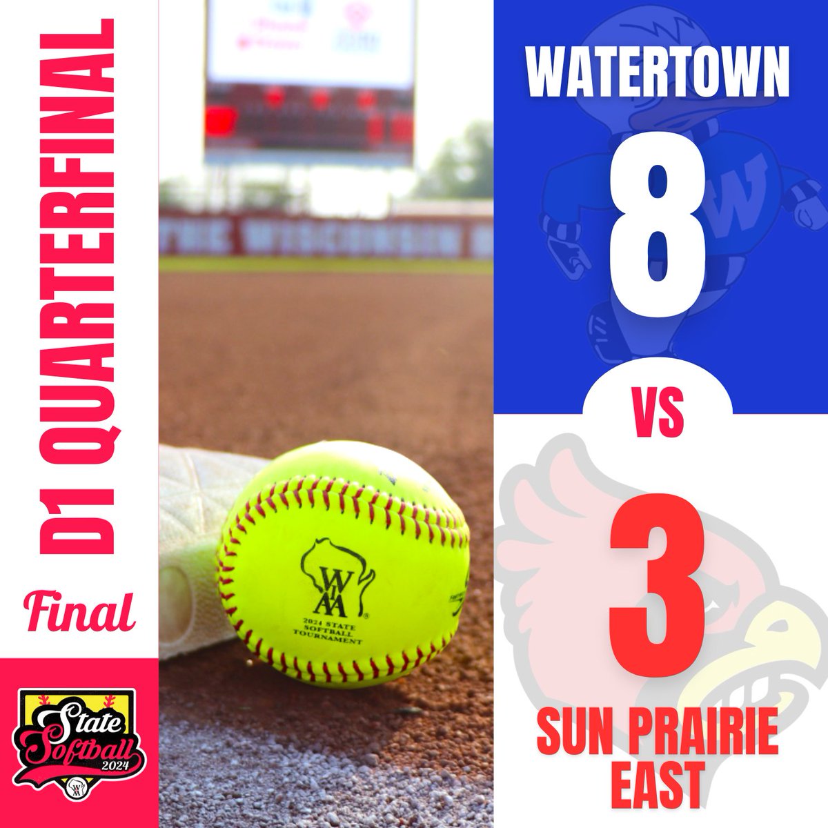 The #6 Goslings of Watertown are State Semifinals bound after putting an upset over #3-seeded Sun Prairie!

They advance to play tomorrow night at 7 p.m. against #2 Kenosha Bradford! 🥎 #wiaasb