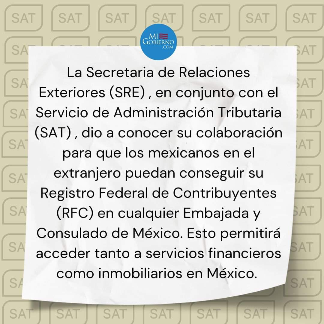 Comunidad, si quieren tramitar el Registro Federal de Contribuyentes (RFC), puedes acudir a las embajadas y consulados de México. 

#migobiernocom #RFC #trámites #Embajadas #Consulados #SRE #SAT