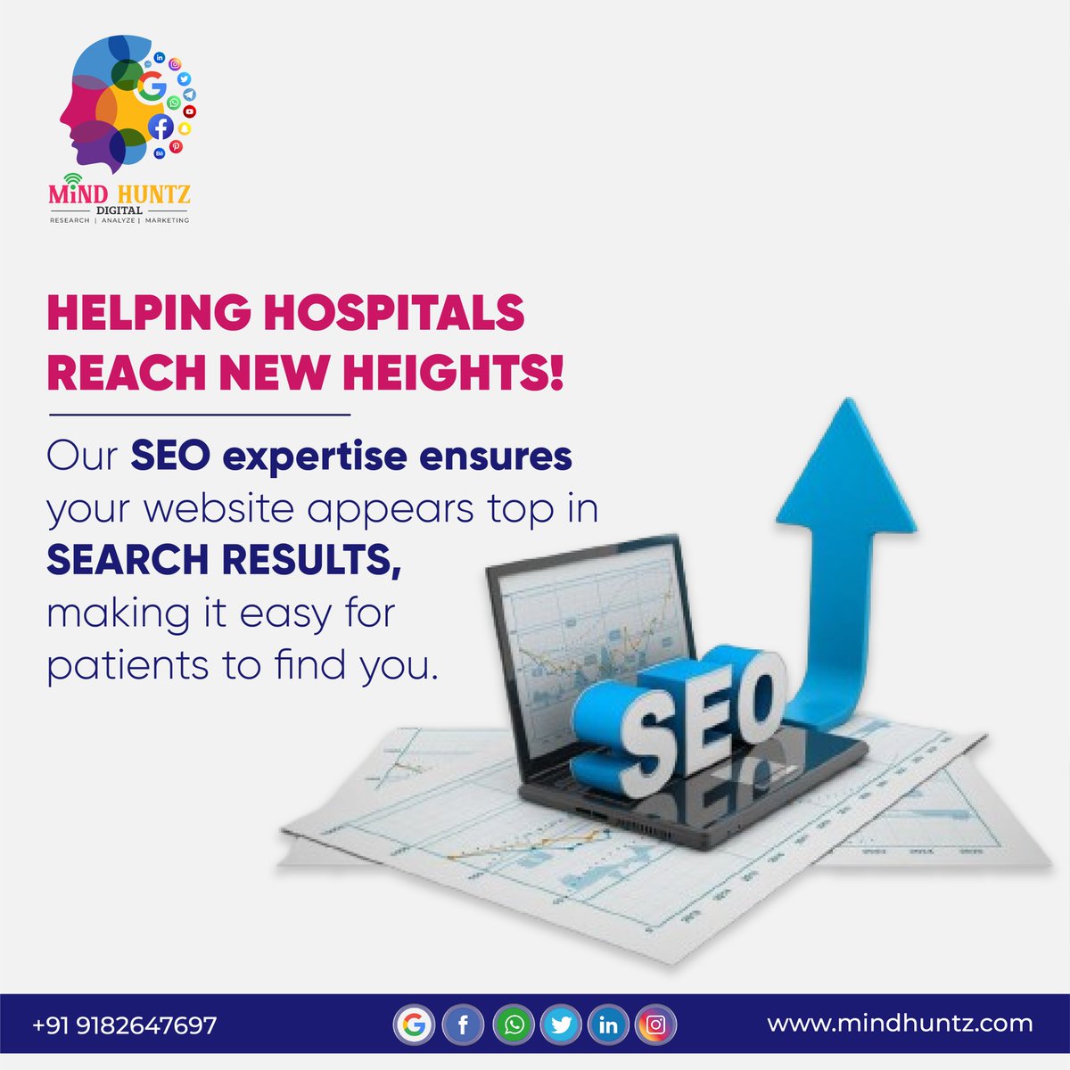 MindHuntz's tweet photo. At Mind Huntz Digital, we specialize in helping hospitals reach new heights through our expert #SEO services. Our team is dedicated to ensuring your #website ranks at the top #searchresults, making it effortless for #patients to find and access your #services https://t.co/XhLnPxavcE