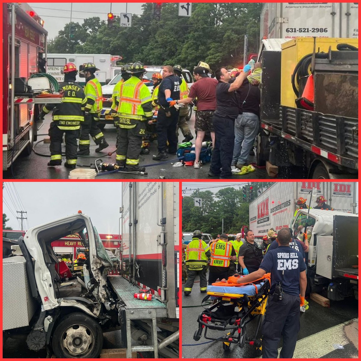 RamapoBuffs's tweet image. Truck accident in Ramapo leaves two trapped individuals rescued by emergency teams. Despite weather challenges, victims successfully extricated and transported to hospital. #Ramapo #EMS #Rescue
