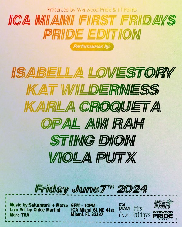 Join us tomorrow from 6-10 PM for our annual #Pride 🏳️‍🌈 edition of First Fridays! We're teaming up with <a href="/wynwoodpride/">Wynwood Pride</a> and <a href="/iiipoints/">III Points Festival</a> to celebrate #WorldPrideMonth with an epic lineup. Don't miss Neo-Perrero pop icon <a href="/scarylovestory/">✿isabella lovestory✿</a> 🎤

Buy your tickets 🎟️ 
icamiami.org/calendar/first…