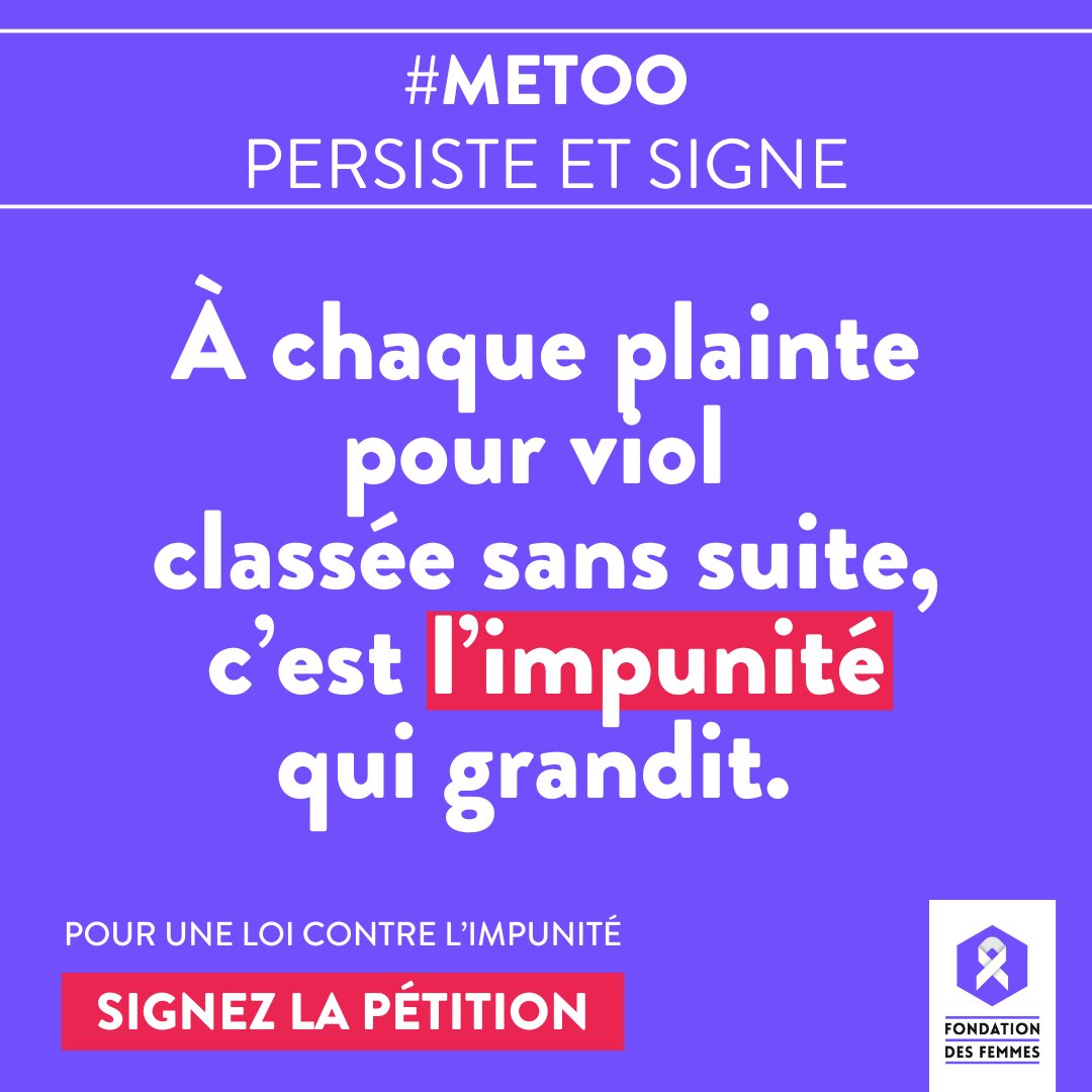 En France, plus de 9 plaintes sur 10 pour viol sont classées sans suite. 
Pour lutter contre l'inacceptable, une loi #MeToo contre l'impunité est essentielle. Rassemblons-nous, signez la pétition sur fondationdesfemmes.org/petitions/meto…