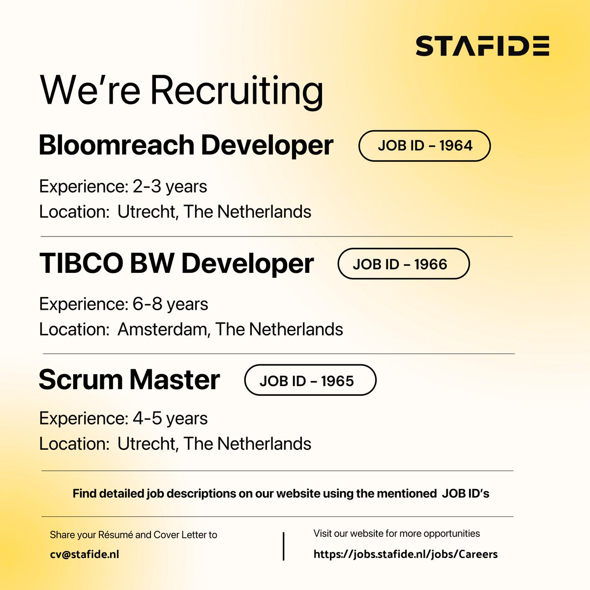 stafide's tweet photo. Advance your professional journey with @STAFIDE,
Subscribe to our WhatsApp channel for regular updates: https://t.co/eRft1yzpLL
#netherlandsjobs #AmsterdamJobs #nljobs #recruitment #career
#CareerOpportunity #TechCareer #BuildTheFuture #STAFIDE https://t.co/2QFaG8Tld7