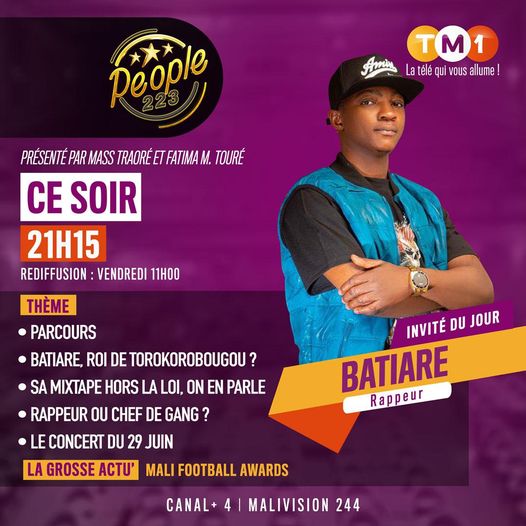 Rendez-vous ce soir à 21h15 avec le rappeur #Batiare, dans People223.com présenté par <a href="/MTraore2117/">MASS TRAORE</a> et #Fatima_TOURE.
Il va révéler des choses inédites sur son parcours, sa mixtape controversée "Hors la loi"... 
Ne manquez pas cette émission passionnante !
