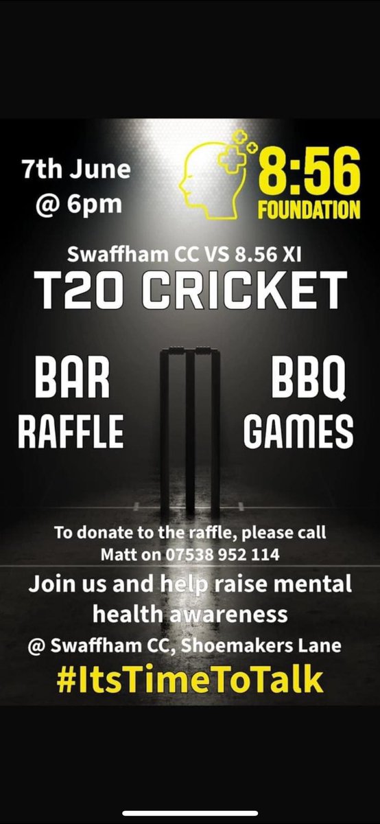 Team for Tomorrow vs 8:56 Foundation

1,M.Elliot (C)
2,M.Smith
3,M.Stackwood (wk) 
4,S.Youds
5,J.Dennis
6.T.Wynne
7,B.Holmes
8,D.Annakin
9,R.Bradbury
10,O.Wynne
11,J.Friend 
Make it down if you can and support a great cause!