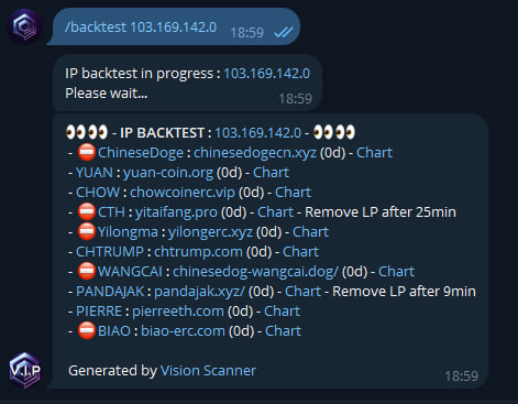 🟢 Bot Update 🟢
Our bot now supports backtesting the IP of a website to identify contracts that have used the same IP.
Available on VIP Eth and Base with the command:
/backtest [IPV4]
Are you ready to invest in a contract that uses the same server as dozens of scams in a few