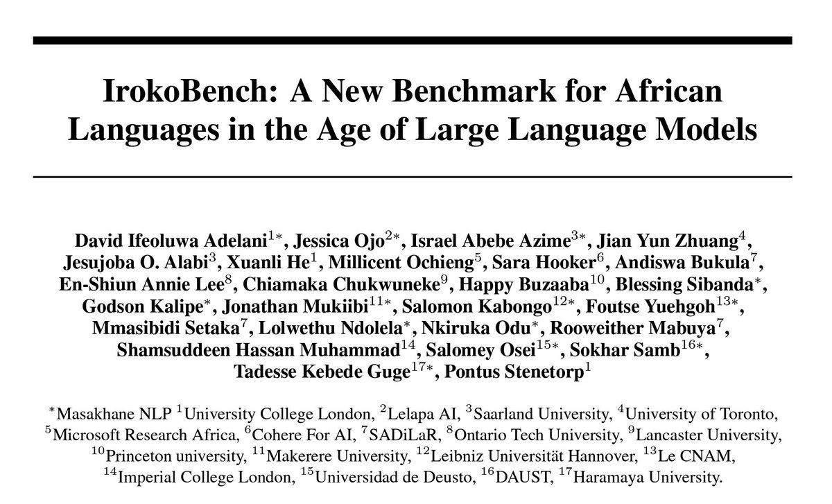 David Ifeoluwa Adelani ๐ณ๐ฌ (@davlanade) on Twitter photo This is a great collaboration with many authors <a href="/JessicaOjo__/">Jess</a> <a href="/Israel_Abebe/">Israel Abebe | แฅแตแซแคแ แ แ แ </a> , <a href="/alabi_jesujoba/">Jesujoba Alabi</a> <a href="/zodiacJRH/">Xuanli He</a> <a href="/iam_OchiengM/">Ochieng Millicent</a> <a href="/sarahookr/">Sara Hooker</a> <a href="/AndieBukula/">Andie Bukula</a> <a href="/happybuzaaba1/">Happy B. Kasumba</a> <a href="/banQomania/">Blessing Sibanda</a> <a href="/jonathanmukiibi/">MUKIIBI JONATHAN</a> <a href="/SalomonKabongo/">Salomon Kabongo</a> <a href="/yuehgoh/">Foutse yuehgoh</a> <a href="/RoowyM/">Rooweither Mabuya</a> <a href="/Shmuhammadd/">Shamsuddeen Hassan Muhammad, PhD</a> <a href="/NanaYaaSally/">Salomey Osei</a> <a href="/SambSokhar/">sokhar samb</a> This is a great collaboration with many authors <a href="/JessicaOjo__/">Jess</a> <a href="/Israel_Abebe/">Israel Abebe | แฅแตแซแคแ แ แ แ </a> , <a href="/alabi_jesujoba/">Jesujoba Alabi</a> <a href="/zodiacJRH/">Xuanli He</a> <a href="/iam_OchiengM/">Ochieng Millicent</a> <a href="/sarahookr/">Sara Hooker</a> <a href="/AndieBukula/">Andie Bukula</a> <a href="/happybuzaaba1/">Happy B. Kasumba</a> <a href="/banQomania/">Blessing Sibanda</a> <a href="/jonathanmukiibi/">MUKIIBI JONATHAN</a> <a href="/SalomonKabongo/">Salomon Kabongo</a> <a href="/yuehgoh/">Foutse yuehgoh</a> <a href="/RoowyM/">Rooweither Mabuya</a> <a href="/Shmuhammadd/">Shamsuddeen Hassan Muhammad, PhD</a> <a href="/NanaYaaSally/">Salomey Osei</a> <a href="/SambSokhar/">sokhar samb</a>