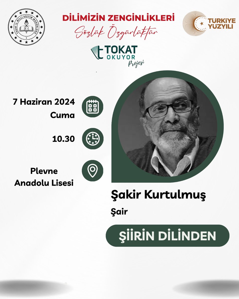 Plevne Anadolu Lisesi olarak Milli Eğitim Bakanlığımızın yürüttüğü Dilimizin Zenginlikleri Projesi kapsamında Sayın Şakir Kurtulmuş   öğrencilerimizle bir araya geliyor.
<a href="/tokatmem/">Tokat İl Milli Eğitim Müdürlüğü</a> <a href="/HuseyinKir64/">Hüseyin Kır</a>